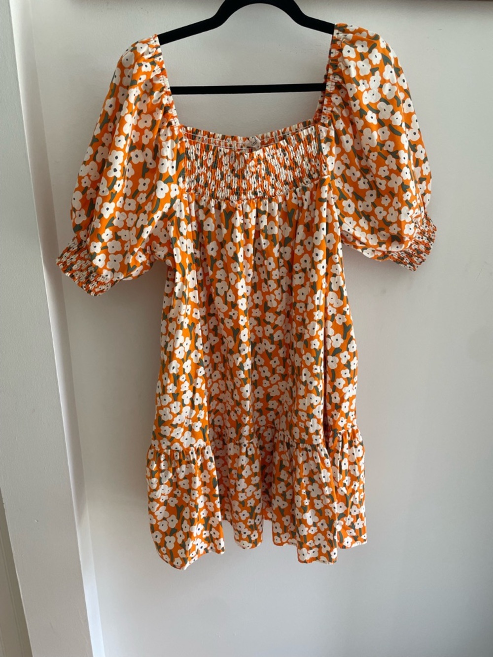 easel Orange Floral Midi Dress with Puff Sleeves
